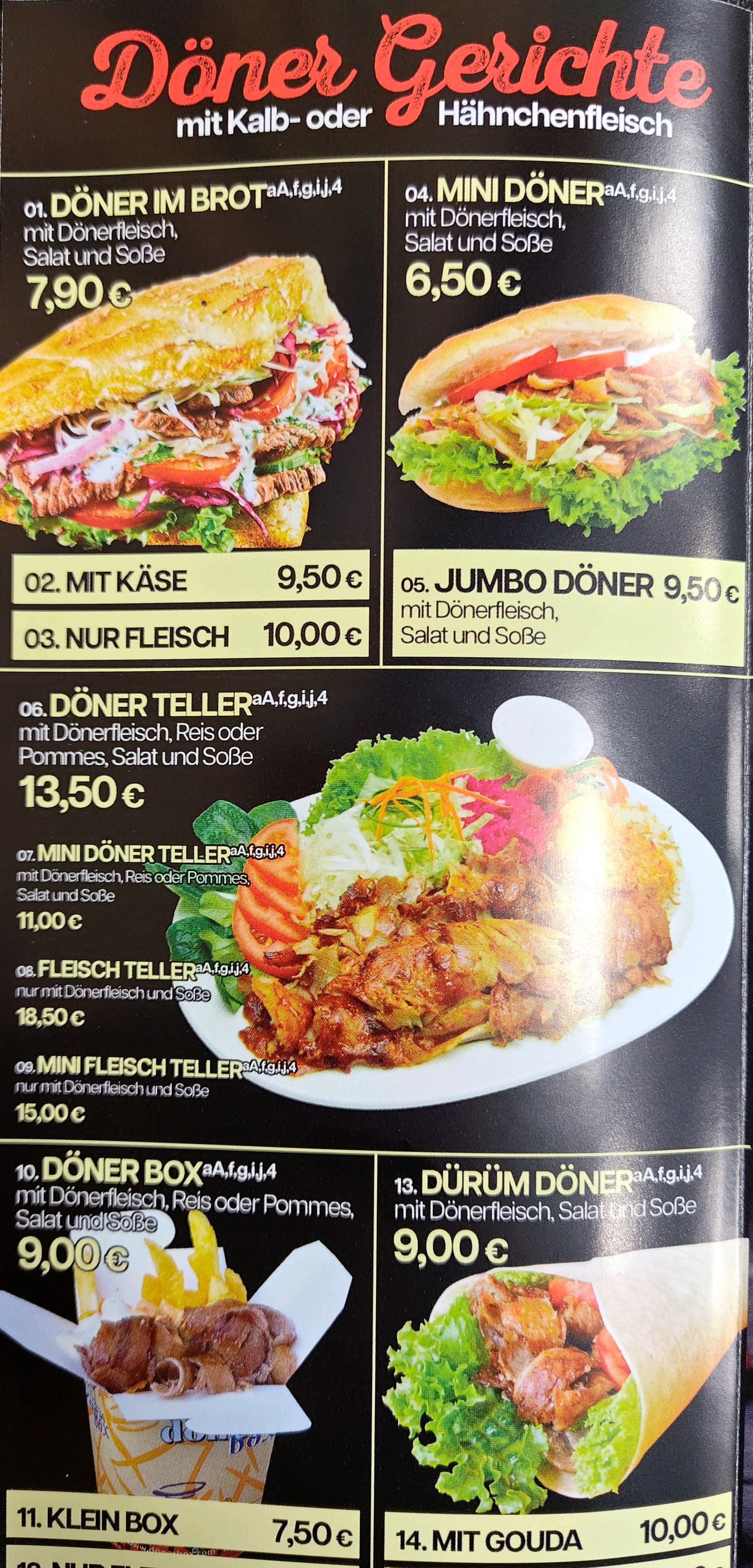 City Doener Speisekarte mit Doener-Gerichten und Preisen